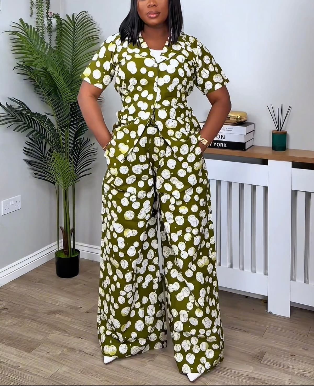 Ankara 2 Piece Trouser Set - Women’s Green & White – Cotton African Print Co-ord Outfit UK – Sizes 10, 12, 14