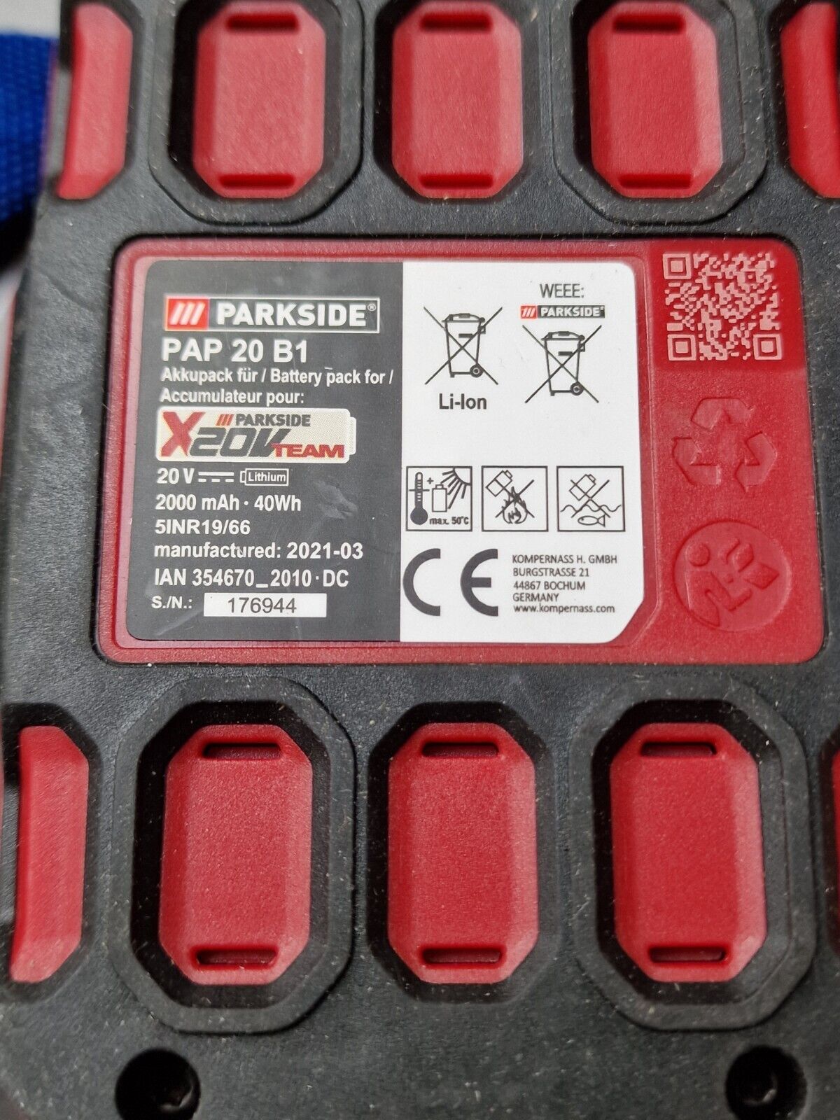 Parkside Battery 20 V 2 Ah Fits All Parkside X20v Team Series Tools