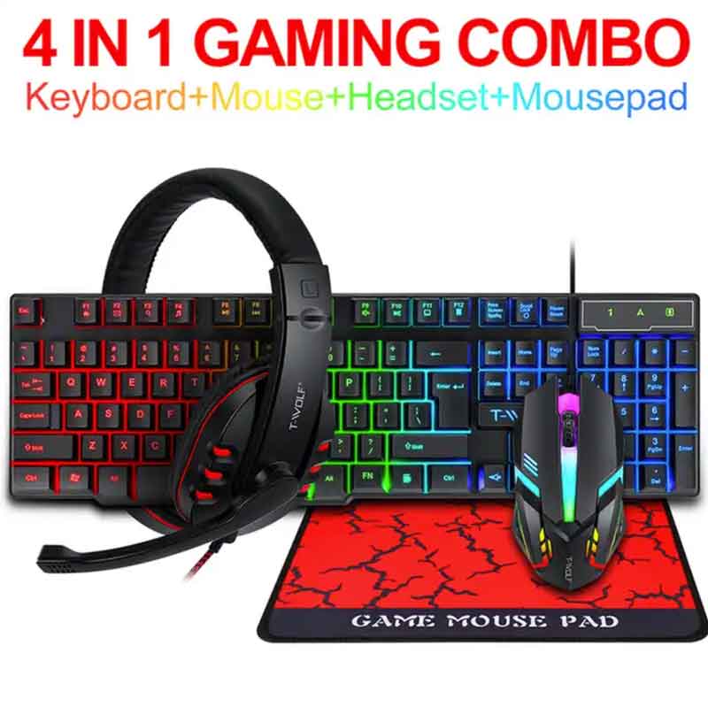 Gaming Kit T Wolf Tf800 4 Pcs Gaming Devices Set 104 Keys Led Backlit Gaming Keyboard 1200 Dpi Mouse 3.5mm Wired 50mm Driver Headset Anti Slip Mouse Pad Combo 4 In 1