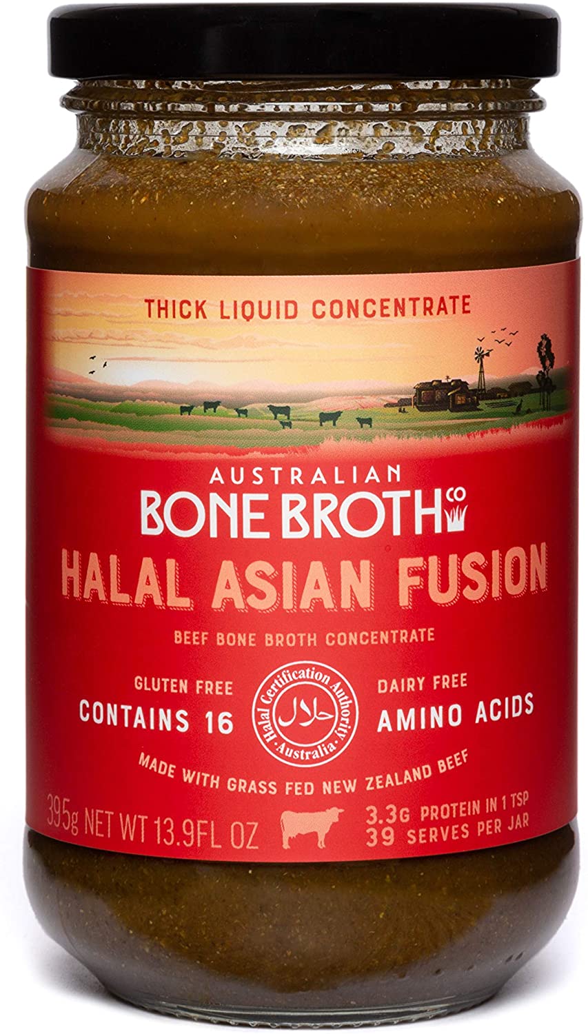 Halal Beef Bone Broth Concentrate  Certified Halal Asian Fusion – Great Protein Food Source   Instant Spicy Broth For Gut Health, Digestion And General Well Being. 395 Grams Made In Australia 